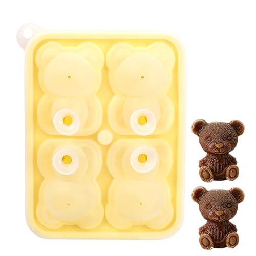 Ice Cube Tray, Silicone Ice Cube Trays with Lid 4 Cavity Bear Shape Ice Cube Moulds for Freezer, Water,Whiskey, Cocktail and Other Drink(Yellow)
