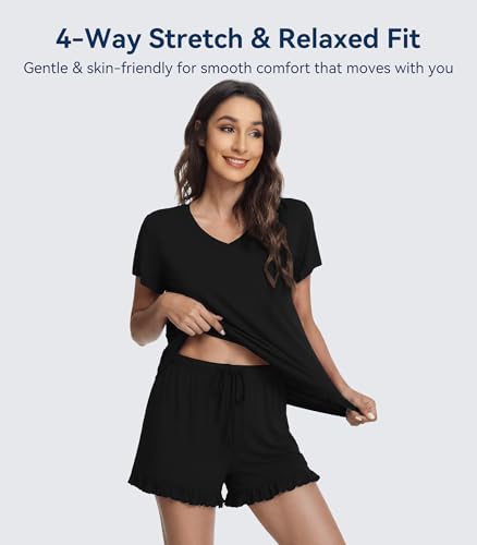 Image of WiWi Womens Pajamas Set Bamboo Viscose Super Soft Short Sleeve Top Ruffle Shorts Sleepwear Cooling Pj Sets S-XXL
