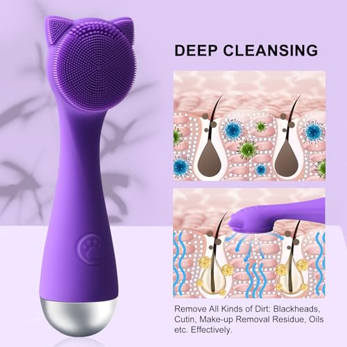Facial Cleansing Brush, Silicone Face Scrubber Exfoliator for Men & Women, Electric Facial Brush Waterproof, with 3 Speeds Adjustable for Deep Cleaning, Removing Blackhead, Face Massaging (Purple) - Image 3