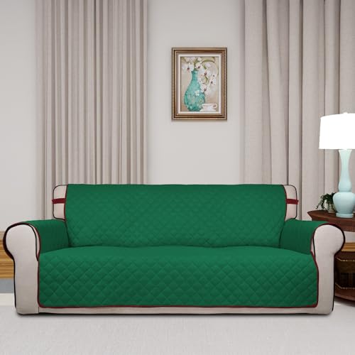 Image of PureFit Reversible Quilted Sofa Cover, Water Resistant Slipcover Furniture Protector, Washable Couch Cover with Non Slip and Elastic Straps for Kids, Dogs, Pets (Sofa, Green /Red)
