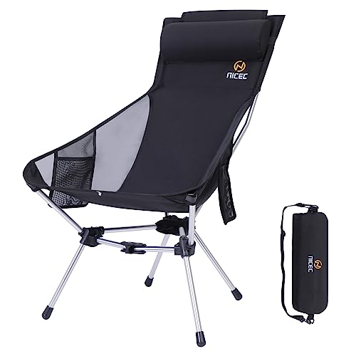 Nice C Ultralight High Back Folding Camping Chair, Collapsible Backpacking Chair, Compact & Heavy Duty Outdoor, Travel, Picnic, Festival with 2 Side Pockets, Pillow &Carry Bag (One Black)