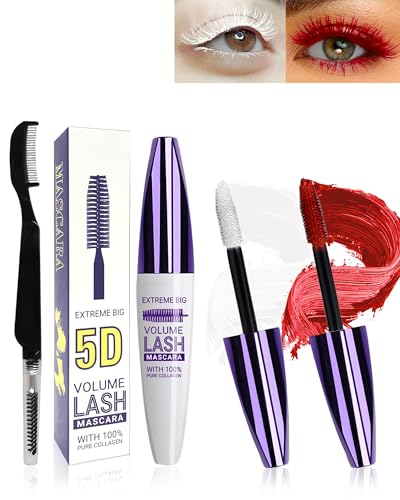 2 pestañas de fibra de seda 5D de colores negro, rímel resistente al agua con cepillo de peine de pestañas, máscara resistente al agua blanca y roja, alargadora, voluminosa, duradera, uso de fiesta de