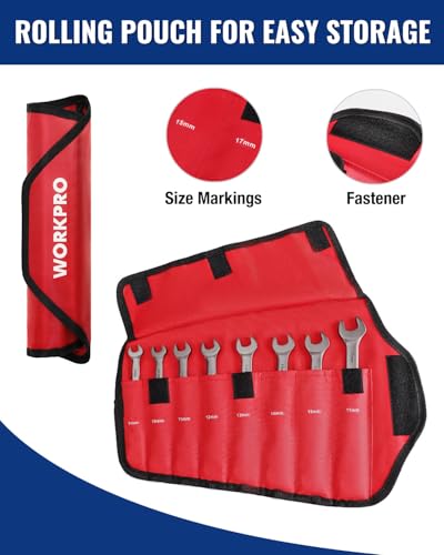 Image of WORKPRO 8-piece Ratcheting Combination Wrench Set, Metric & Nickel Plating | Metric 9-17 mm, 180 Flex-Head, 72-Teeth Cr-V Steel, Combination Wrench Set with Organization Bag for Auto Repair & Home DIY