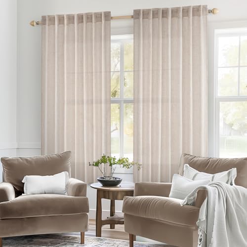 MIULEE Natural White Linen Curtains 48 Inch Long for Bedroom Living Room, Soft Thick Linen Textured Window Drapes Semi Sheer Light Filtering Rod Pocket Back Tab Neutral Farmhouse Cream Ivory 2 Panels