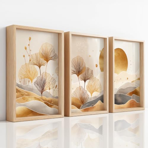 Art mural pour salon et chambre : triptyque abstrait dore ginkgo 20x30cm