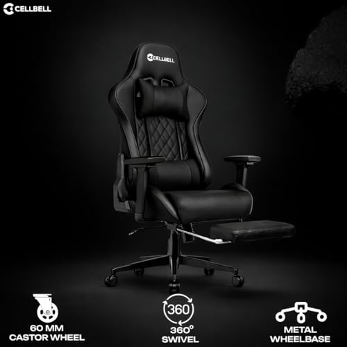 Image of CELLBELL Shadow FT Ergonomic Gaming Chair with Footrest Premium PU Leather 4D Armrests 180 Degree Recline Class 4 Hydraulic Tilt Lock Diamond Design Heavy Duty Base 60mm Wheels (Black)