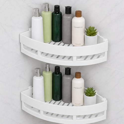 Image of DAOUTIME 2 Pc Corner Bathroom Shelf Wall Mounted, BUYERZONE Self Adhesive Shower Organizer Rack, Waterproof Plastic Storage Stand for Kitchen, Wash Basin & Bathroom Accessories (White, 2 Pack)