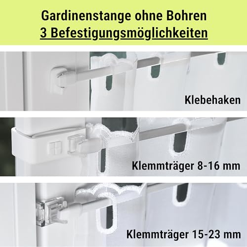 Rollina Gardinenstange ohne Bohren | 2x Vitragestange ausziehbar 60-80cm mit 4 Klebehaken für glatte Oberflächen | Scheibengardinenstange Küche Bad Fenster zum Kleben | Made in Germany