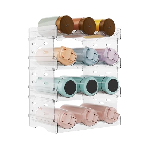 Deposhion Organizador de botellas de agua apilables transparentes de 4 niveles para gabinete, despensa, organizadores de cocina y almacenamiento para accesorios de taza Stanley de 32 onzas, capacidad