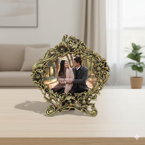Image of Handicrafts Paradise Antique Golden Floral Motif Aluminium Metal Photo Frame - 9.5 Inch Height