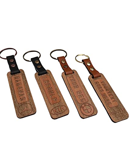 Personalised Key Chain Custom Keyrings Wooden Keychain Personalised Gift Engraved Keyring Your Car Number Plate or Your Text and Logo (Black Leather, Antique Copper)