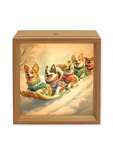 Ficuaiuo Dog Sled Ski Night Light Wood Light Box, Winter Snow Sweater Christmas LED Nightlight for Bedroom Living Room Camping Home Decor, 4.5X4.5 Inches
