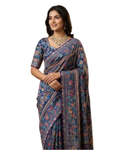Image of Women's Chinon Silk Saree with Printed Design, Mirror Work & Zari Woven Detailing | Ethnic Wear Saree with Unstitched Blouse Piece | Traditional Festive & WeddingWear