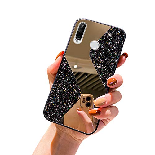 URFEDA Compatible avec Huawei P30 Lite Coque en Silicone de Miroir Glitter Paillette Brillant Strass Bling Etui Souple TPU Gel Case Anti-Rayures Antichoc Bumper Coque Housse de Protection,Noir Cover