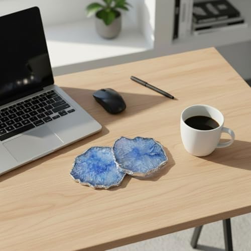 Image of Natural Agate Stone Silver Plated Tea Coasters Set | Premium Stone Coasters for Tea, Coffee & Glass | Heat Resistant Coasters for Dining Table, Office Desk & Home Decor | Pack of 2 | Color -Blue