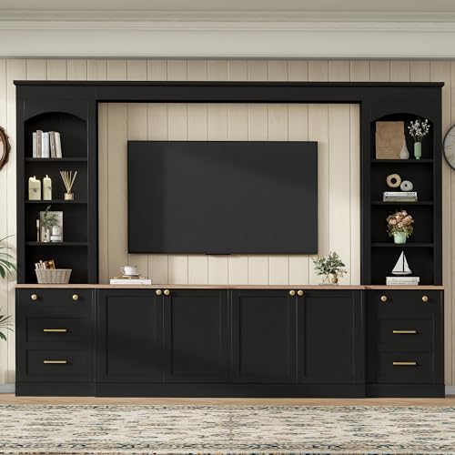 With Bookshelves, 2 Drawers & Adjustable Shelves, Farmhouse Large Media Console For Living Room, Black