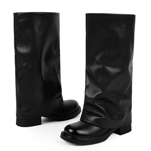 Image of Knee High Boots Women Fold Over Boots Chunky Heel Pointed Toe Tall Boots | Fashion Slouchy Boots,Side Zipper Shark Boots,Fall Spring Winter Fashion Dress Tall Boots,Evening Bridal office Long Boots