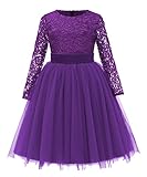 Flower Girl Dress Long Sleeves Lace Top Tulle Skirt Girls Lace Party Dresses (Size 6,Plum)