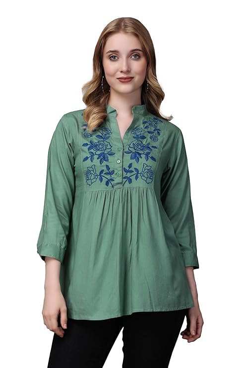 Women's Rayon Pista Green Embroidery Top-picture-16