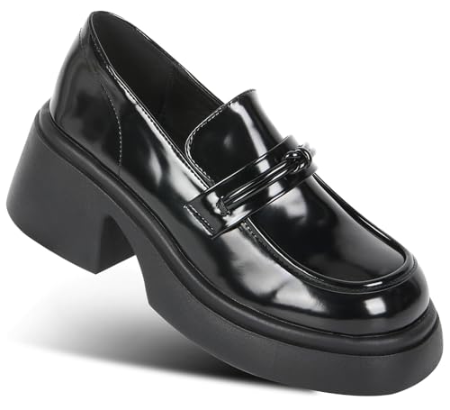 Image of Platform Oxfords Shoes for Women,Chunky Heel Work Shoes Comfort Black Loafers Shoes,shine black 7.5, Grey