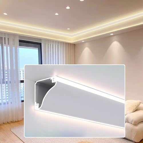 Perfil Aluminio TiraLed Canal de Aluminio de 2, 8, 10, 15, 20 y 30 m para Tiras LED; Canal Difusor LED Flexible para Montaje en Superficie; Perfil de Iluminación para Techo con Moldura(3.0m/9.8ft)