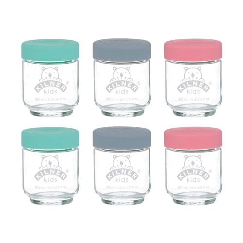 Kilner Kids Glass Baby Food Jars Set of 6 x 190ml Reusable Glass Jars with Airtight Silicone Lids in Purple Yellow and Turquoise Ideal for Homemade Purees Batch Cooking and On-the-Go Storage