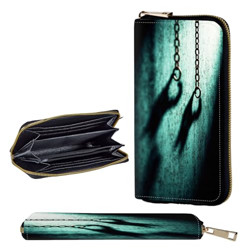 Wallet,Leather Long Wallet Suitable For Ladies And Teenagers - Detachable Wristband + RFID Travel Wallet With Card Slot - Chains on Teal Wall