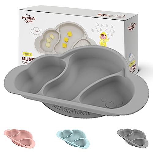 Image of Mother's Corn Suction Plate for Baby | Divided Food-Grade 100% Silicone Feeding Bowls and Dishes for Kids, Infants & Toddlers - BPA-Free, Microwave, Dishwasher & Oven Safe | Cloud Design | Grey
