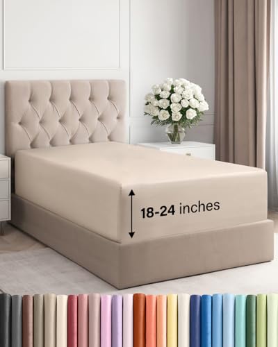 Image of Deep Twin XL Fitted Sheet - College Dorm Room Essentials - Wheat | Easily Fits 18 inch to 24 inch Mattress, Wrinkle Resistant, Soft, Breathable & Comfy, Extra Deep Pockets Fitted Sheet
