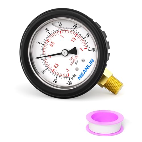 Image of MEANLIN MEASURE -30inHG~30Psi Stainless Steel Vacuum Pressure Gauge 1 /4 inch NPT 2.5 inch FACE DIAL with Rubber Protective Sleeve, Lower Mount