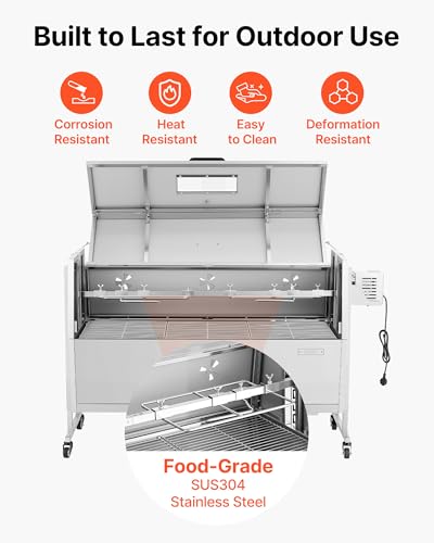 VEVOR Drehspießgrill 38 W Spanferkelgrill Lammgrill Holzkohlegrill (1168,4 mm Grilllänge) mit 60 kg Tragkraft & Rädern & 4-facher Höhenverstellung & Deckel, Edelstahl-Elektrogrill-Set für Camping