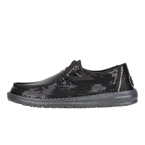 HEYDUDE Womens Wendy Disco Sequin Black, Size 7 - Lightweight Sparkly Slip-On Loafer - Comfortable Sequin Shoe for Women