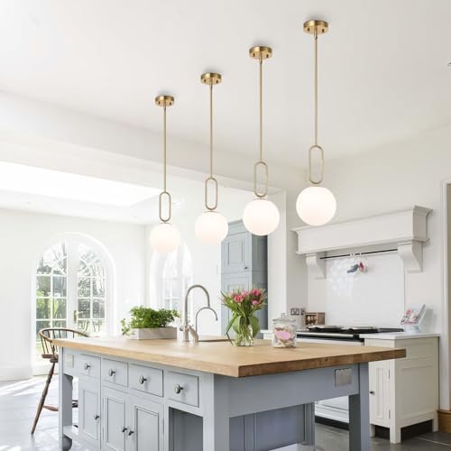Modern Gold Globe Pendant Light White Globe Glass Shade 2 Pack Brushed Brass Finished Adjustable Rods Hanging Light Fixtures for Kitchen Island Living Room