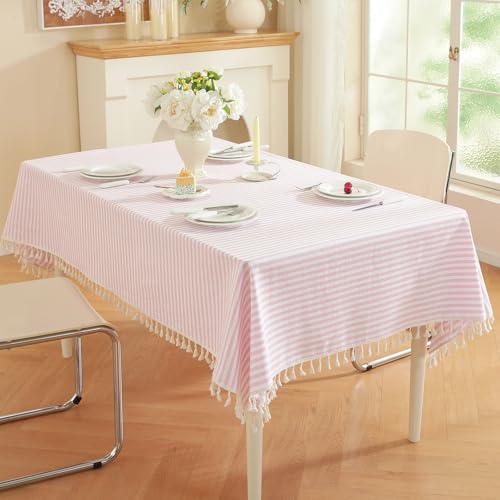 meioro Gestreifte Tischdecke Rechteckige Tischtuch mit Quasten, Abwaschbare Tischdecken Dekorative Tischwäsche für Küche, Esszimmer und Tabletop (Rosa/Weiße Streifen,100x140cm)