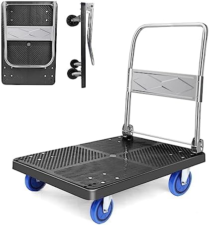 Push Cart Dolly Cart Platform Hand Truck with 330lb Platform Truck Luggage Cart Folding Flatbed Dolly with 360 Degree Swivel Wheels Foldable Push Hand Cart for Loading and Storage (Black-S)