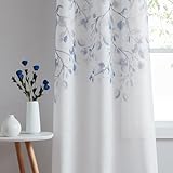 Central Park Leaf Floral Print Metallic Sheer Window Curtain Panel for Rustic Living Room/Bedroom Sparkling Decorative 6 Grommets Top Drape Panels Farmhouse Curtains, Navy Blue,40' x 84'x2, 2 PK