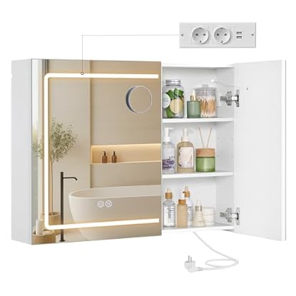 Foto di VASAGLE Kailyn Collezione - Armadietto a Specchio da Parete per Bagno con LED, Presa Multipla, Funzione Antiappannamento, Specchio Ingranditore 10x, Stile Moderno, 16,5 x 80 x 60 cm, Bianco BBK134W01