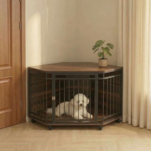 VOWNER Ecke Hundekäfig, Holz Hundebox mit abschließbarer Tür, Möbelstil Haustierbox für Zuhause, Leicht zu reinigen und platzsparende für kleine/mittlere Hunde, 110 X 66 X 60 cm, Dunkles Walnussholz
