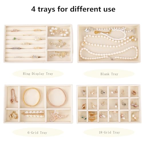 AIRZSNRY Velvet Jewelry Organizer for Drawer, Stackable Jewelry Drawer Inserts in Dresser, 8in Beige Storage Display Case for Rings Stud Necklaces Accessories, Set of 4