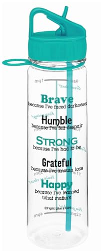 Fight Like a Girl Brave SlimKim 30 oz Motivational Water Bottle with Time Marker & Straw for Ovarian Cancer, PCOS, PTSD Awareness - Reusable Clear Water Bottle for Workout, Gym, Travel - Teal