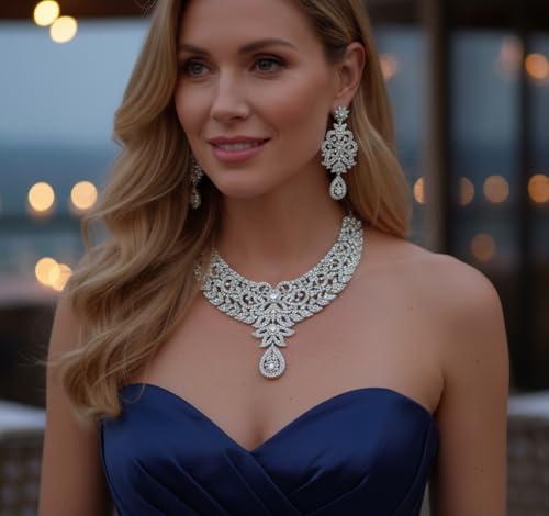 Touchstone Hollywood Glamour Pretty Filigree Paisley Motif Rhinestones Studded Diamond Look Designer Bridal Jewelry Hasli Necklace Set For Women In Antique Gold or White or Silver Tone. - Image 3