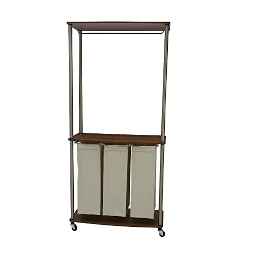 Household Essentials 7061-1 Triple Laundry Sorter with Folding Table, Walnut
