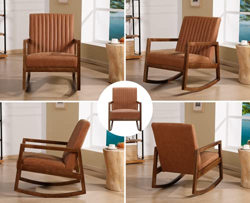Cimota Leather Modern Rocking Chair Mid Century Armchair Upholstered Arm Chair With Padded Seat/Wood Frame, Comfy Rocker For Living Room/Bedroom, Retro Brown Pu #TOP3