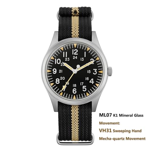 Image of Militado ML05 38mm VH31 Quartz Watch - Domed Sapphire Crystal Field Watch C3 Super Luminous Retro Sweep Wrist Watch for Men 100M Waterproof