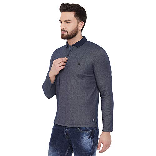 Image of OKANE Mens Poly Cotton Solid Navy Long Sleeve Buttoned Collar Neck Shirt