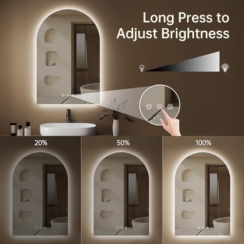Image of Arched Backlit Mirror Bathroom 24 inchx36 inch- Frameless LED Bathroom Mirror with Lights, Fogless, Dimmable, 3 Color Changing, Shatterproof, Touch Sensor