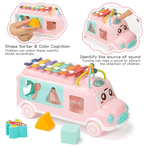 Image of Cable World Baby School Bus Xylophone Toy for Toddlers 1-3, Baby Musical Bus Toys for 1 Year Old Girl, Shape Sorting Toys Knocking Xylophone Educational Musical Instruments Toy (Pink)