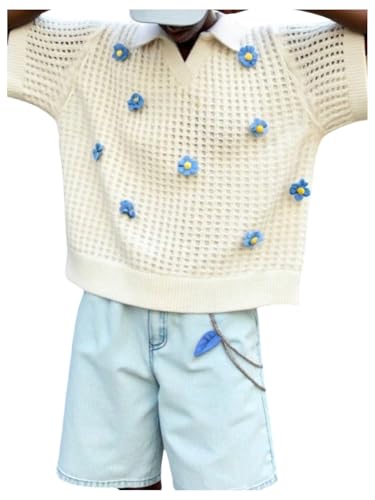Men's Floral Appliques Crochet Tops Lapel V Neck Short Sleeve Knit Baggy Sweaters