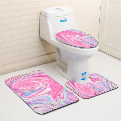 Bad Teppiche Set 3-Teiliges Abstrakt Dunkelrosa WC Vorleger Mit Ausschnitt Badematte Saugfähig WC Deckelbezug Badvorleger rutschfest Waschbar Toilettensitzbezug Badgarnitur (50x80cm)