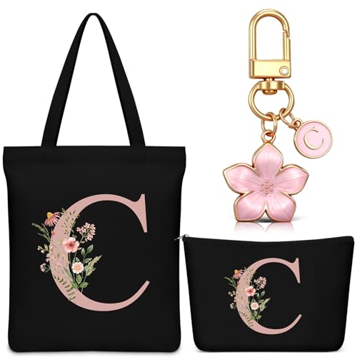 Hestya Personalized Initial Tote Bag, Floral Makeup Bags, Pink Letter Keychain, Christmas Birthday Gifts for Women Mom Teachers Friends Bridesmaids, Initial Premium Gift for Wedding Holiday(Letter C)
